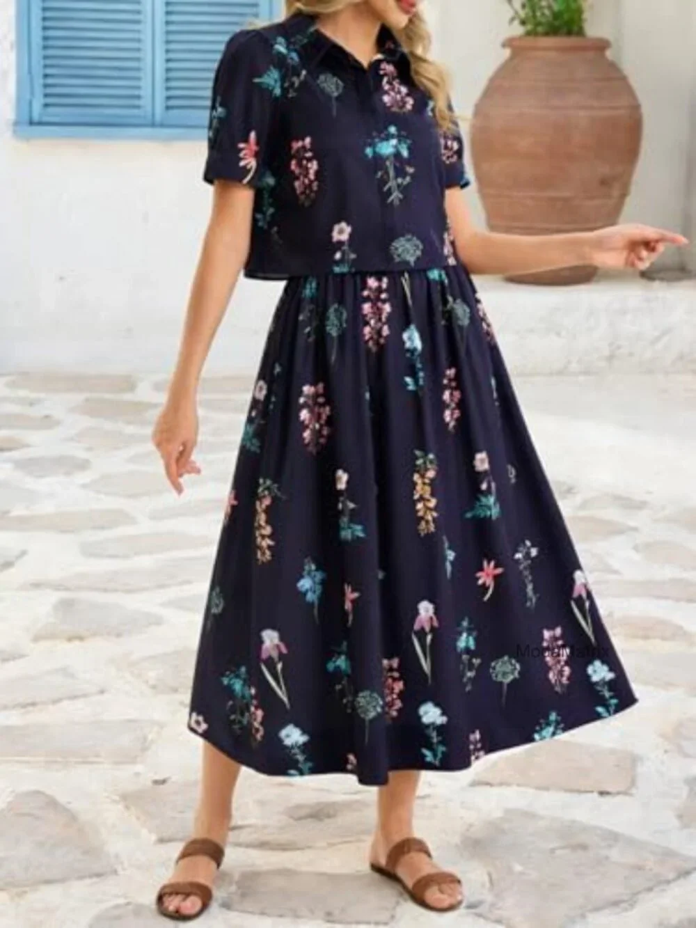 2 Piece Floral Skirt Set Puff Sleeve Blouse Elastic Waist Matching Vacation